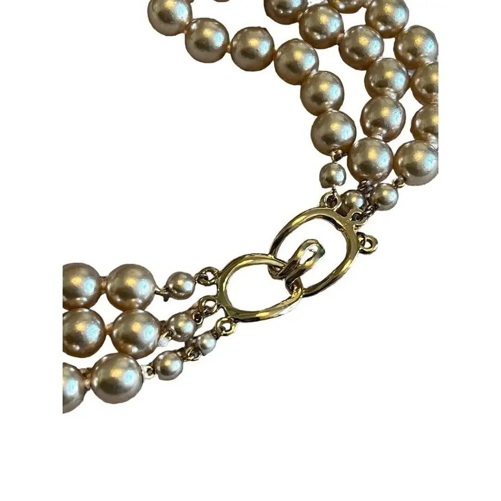 Vintage 3 Strand Faux Pearl Gold Tone Necklace Knotted 16